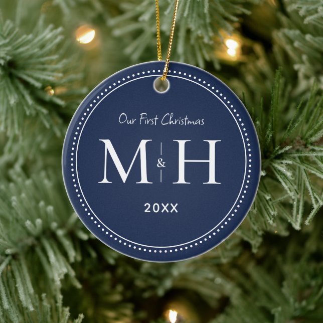 Our First Christmas Newlyweds Monogram Navy Blue Ceramic Ornament (Tree)