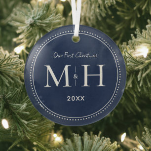 Our First Christmas Newlyweds Monogram Navy Blue Glass Ornament