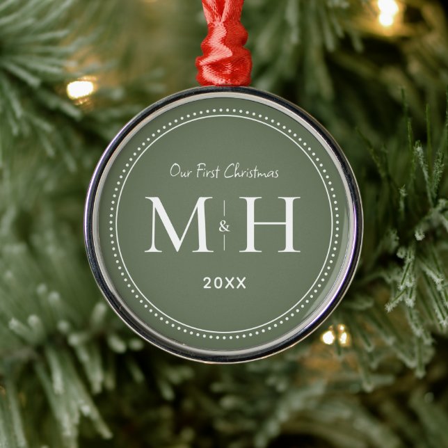 Our First Christmas Newlyweds Monogram Sage Green Metal Ornament (Tree)