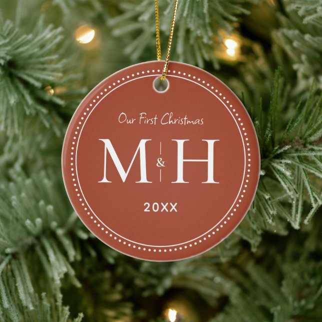 Our First Christmas Newlyweds Monogram Terracotta Ceramic Ornament (Tree)