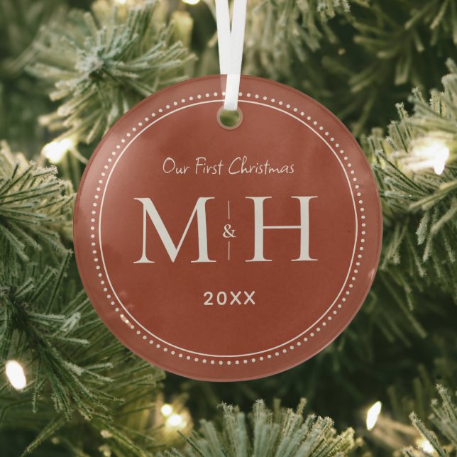 Our First Christmas Newlyweds Monogram Terracotta Glass Ornament (Insitu)