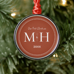 Our First Christmas Newlyweds Monogram Terracotta Metal Ornament
