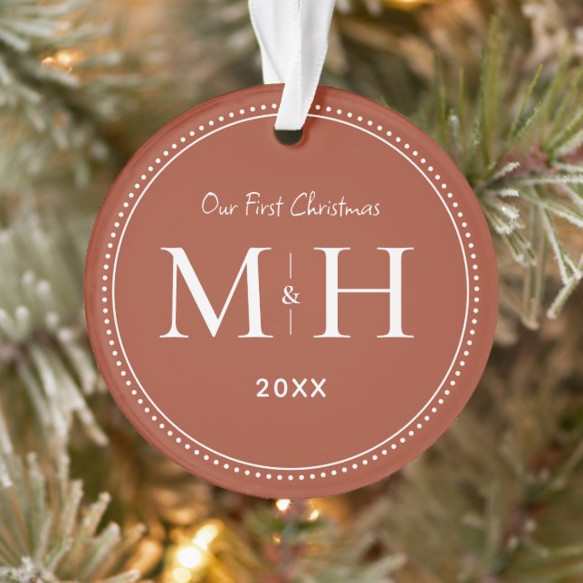 Our First Christmas Newlyweds Monogram Terracotta Ornament (Tree)