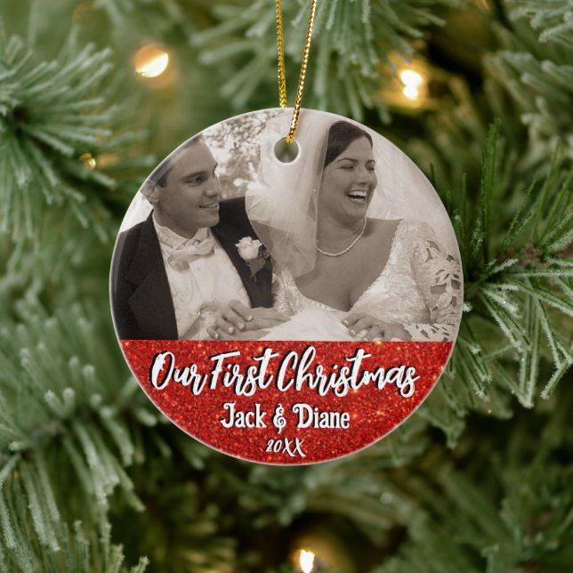 Our First Christmas Newlyweds Personalized Photo Ceramic Ornament (Tree)