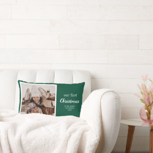 Our First Christmas Newlyweds Photo Script Green Lumbar Pillow