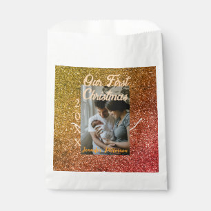 Our first Christmas orange red glitter photo year Favour Bag