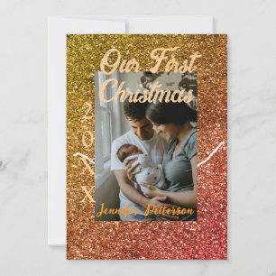 Our first Christmas orange red glitter photo year Invitation
