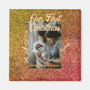 Our first Christmas orange red glitter photo year Magnet