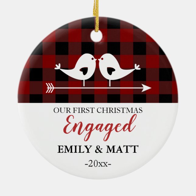 Our first Christmas ornament, love birds red plaid Ceramic Ornament (Back)