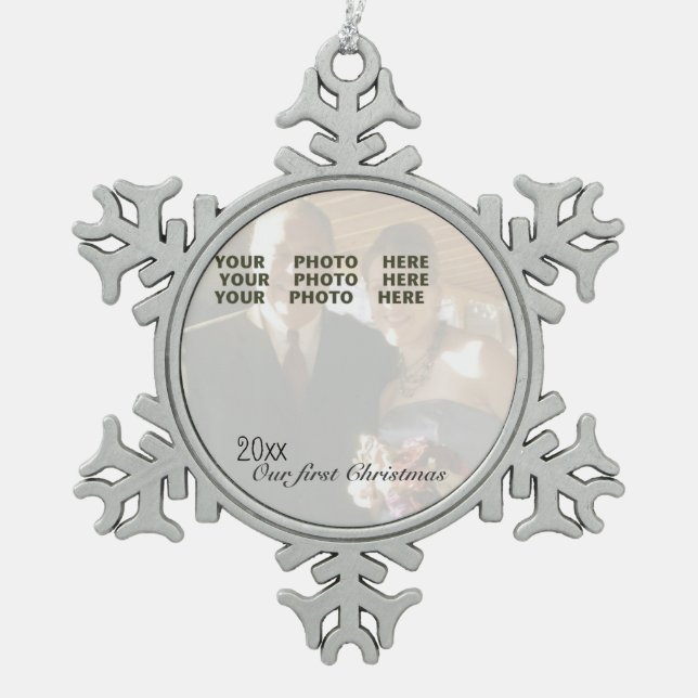 Our First Christmas Personalized Photo Snowflake Snowflake Pewter Christmas Ornament (Front)