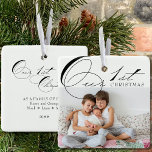 Our First Christmas Photo and Elegant Calligraphy Ceramic Ornament<br><div class="desc">Our 1st Christmas photo ornament which you can personalize with your favourite photo and custom wording on the back. Elegant typographic design lettered with Our 1st Christmas in swirly calligraphy and classic print. Easy to customize to suit many occasions such as Our 1st Christmas as a family of five or...</div>