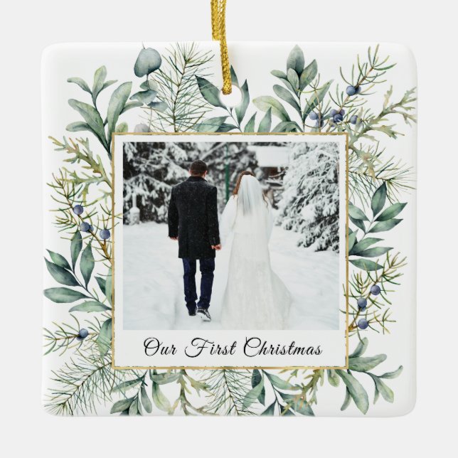 Our First Christmas Photo Elegant Winter Evergreen Ceramic Ornament (Front)