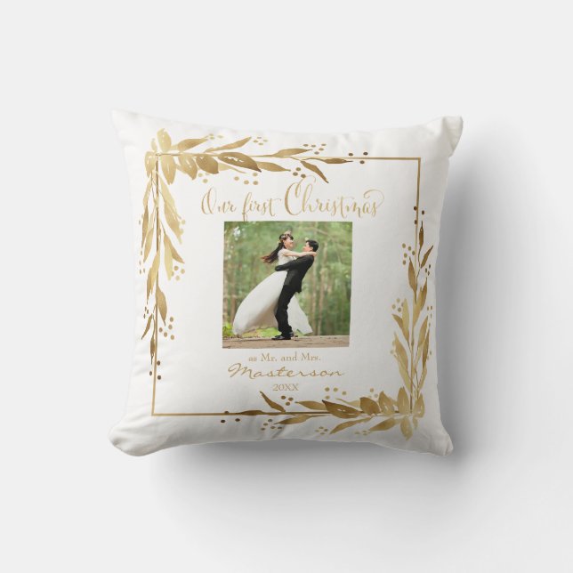 Our First Christmas Photo Gold Wreath on White Throw Pillow (Front)