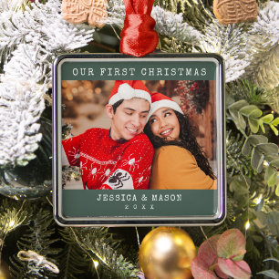 Our First Christmas Photo Green Typewriter Font Metal Ornament