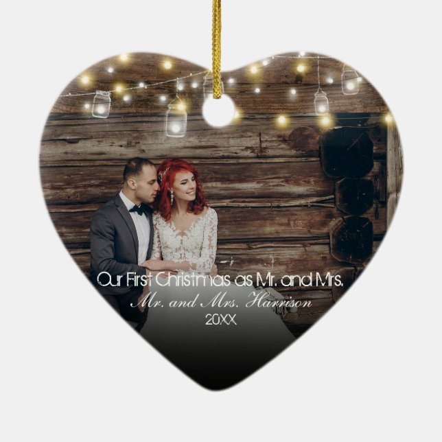 Our First Christmas Photo Mason Jars String Lights Ceramic Ornament (Back)