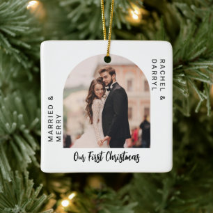 Our First Christmas Photo Minimal Script Married Ceramic Ornament