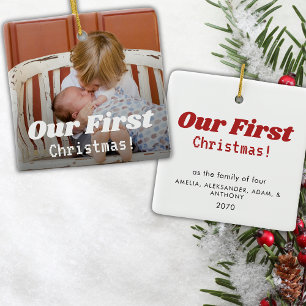 Our First Christmas Photo Modern Calligraphy  Ceramic Ornament