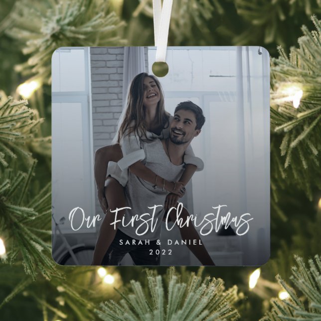 Our First Christmas Photo Modern Minimal Elegant Metal Ornament (Insitu)