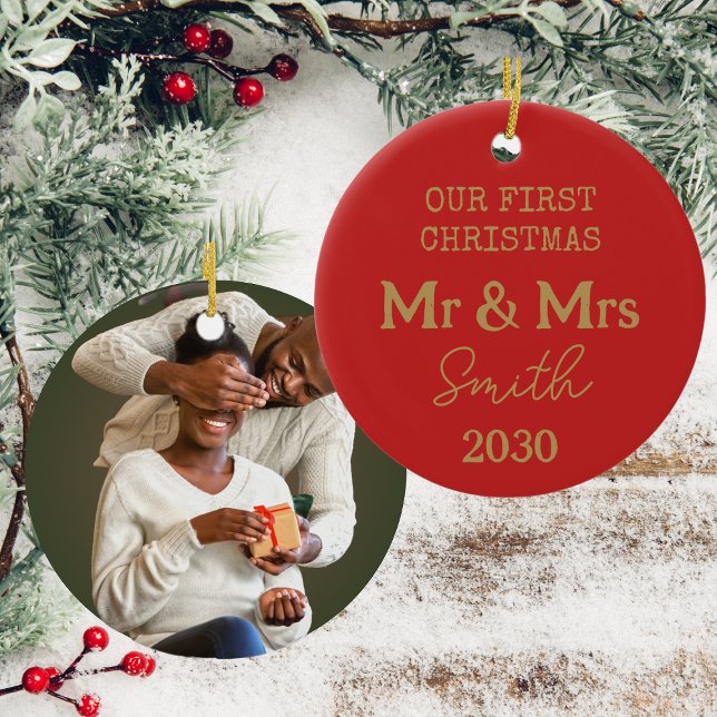 Our First Christmas Photo Mr And Mrs Red And Gold Ceramic Ornament (Back And Front)