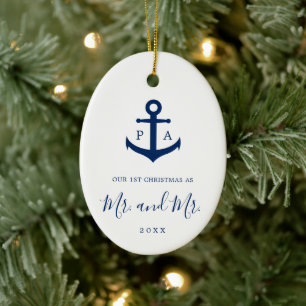Our First Christmas Photo Nautical Monogram Gay Ceramic Ornament