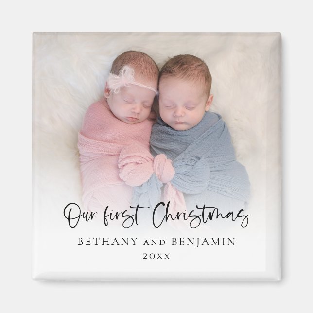 Our First Christmas Photo Script Twin Baby Names Magnet (Front)