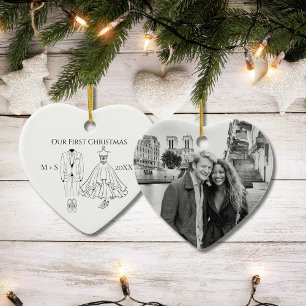 Our First Christmas Photo Wedding Dress Suit Cute Ceramic Ornament