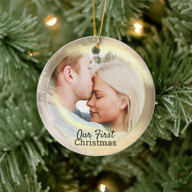 Our First Christmas Photo Year Couple Tree Decor Ceramic Ornament (Tree)