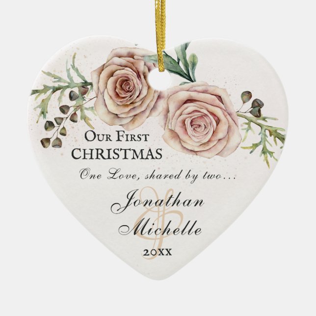 Our First Christmas Pink Floral Bible Verse Ceramic Ornament (Front)