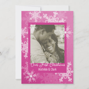 Our First Christmas Pink Snowflakes Minimalist Holiday Card