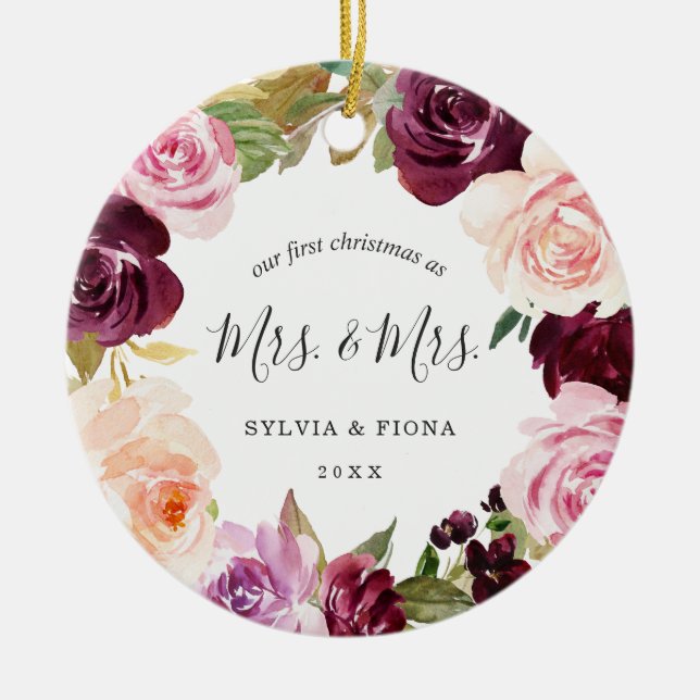 Our First Christmas Plum Floral Photo Lesbian Ceramic Ornament (Front)