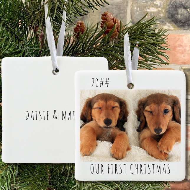 Our First Christmas Puppy Dogs Landscape Photo Ceramic Ornament (Puppy first christmas keepsake ornament with 2 photos and name(s) on the back)