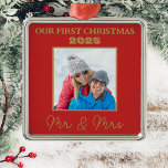 Our First Christmas Red And Gold Mr And Mrs Photo Metal Ornament<br><div class="desc">This red Mr & Mrs first christmas,  tree ornament has a photo of the happy couple on the front decorated with gold elegant script and bold typography. To change the text and photo click on the personalize button.</div>