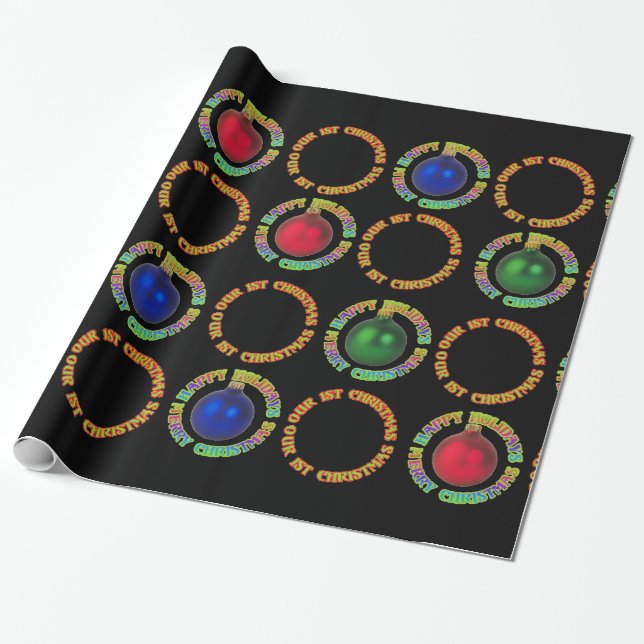 Our First Christmas Red Blue Green Decorations Wrapping Paper (Unrolled)