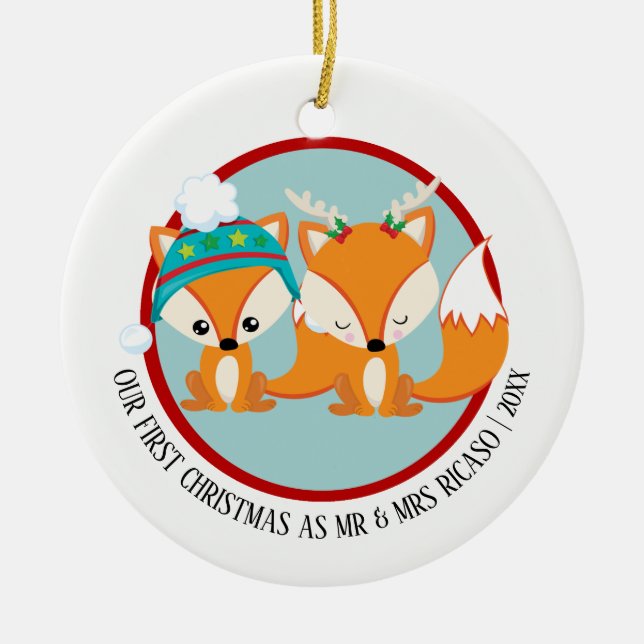 Our First Christmas Red Foxes Personalized Ceramic Ornament (Front)