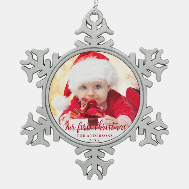 Our First Christmas Red Script Photo Snowflake Pewter Christmas Ornament (Front)