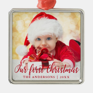 Our First Christmas Red Script Photo Square Metal Ornament