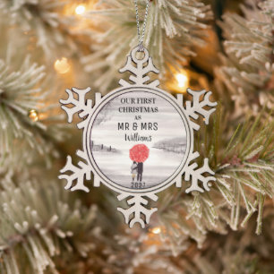 Our First Christmas Red umbrella love couple Snowflake Pewter Christmas Ornament