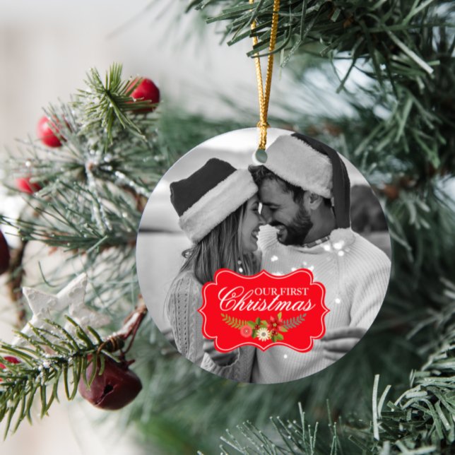 Our First Christmas Round Photo Keepsake Ceramic Ornament (Creator Uploaded)