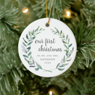 Our First Christmas Rustic Greenery Newlywed Photo Ceramic Ornament