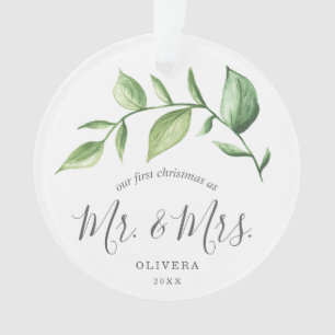 Our First Christmas Rustic Greenery Newlywed Photo Ornament