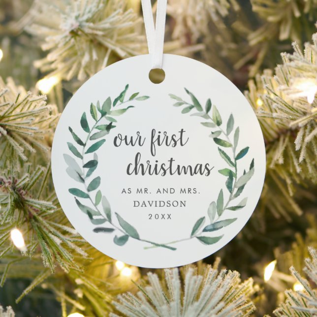 Our First Christmas Rustic Greenery Photo Newlywed Metal Ornament (Insitu)