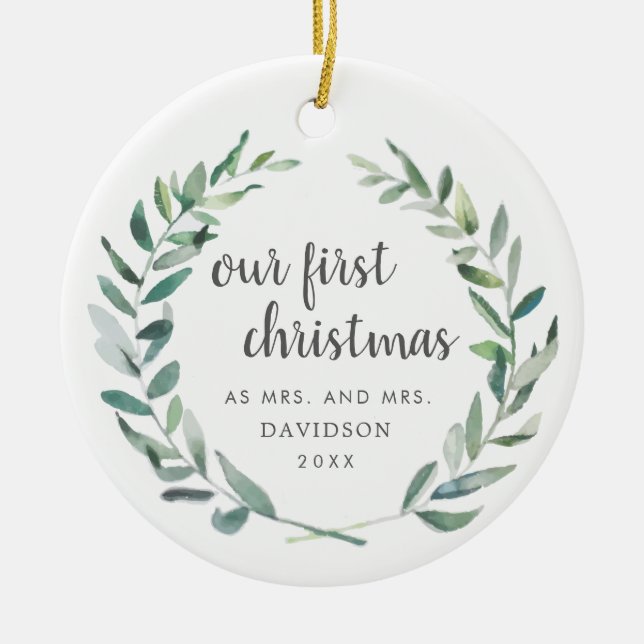 Our First Christmas Rustic Lesbian Newlywed Photo Ceramic Ornament (Front)