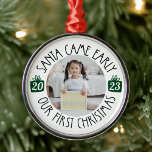 Our First Christmas "Santa Came Early" Adoption Metal Ornament<br><div class="desc">This "Santa Came Early" adoption ornament celebrates your first christmas together as a forever family! This custom photo ornament will become a cherished keepsake for years to come.</div>