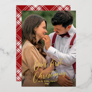 Our First Christmas Script Newlywed Name Tartan Ho Foil Holiday Card