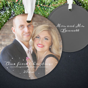 Our First Christmas Script Wedding Photo Ornament
