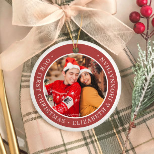 Our First Christmas Simple Couple Photos Red Ceramic Ornament