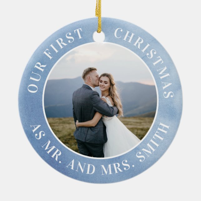 Our First Christmas Snowflake Mr. & Mrs. Picture Ceramic Ornament (Back)