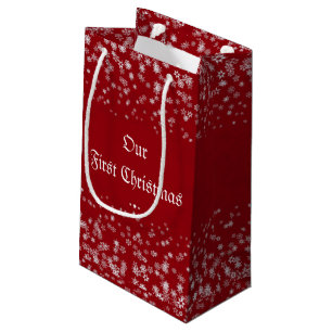 Our First Christmas Snowflakes Red Elegant Custom Small Gift Bag