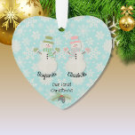 Our First Christmas Snowman Couple Heart Ornament<br><div class="desc">This cute heart shaped acrylic Christmas ornament can be personalized with names on the front and a date or other text on the back. Designed with two matching snow people in on a snowflake patterned background and pine branch accent. Great gift for a new couple's first Christmas..</div>
