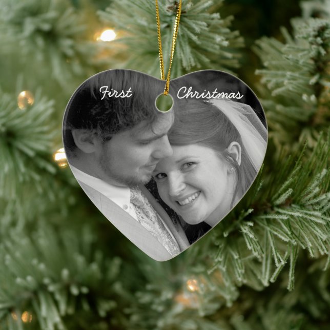 Our First Christmas Teal Damask Photo Ornament (Tree)